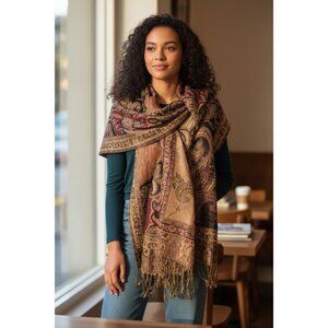 Waverly Paisley Scarf Wrap Shawl 27" X 69" Including Fringe Elegant Gold & Burgu